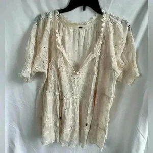 Free People Cream Lace Eyelets Short Sleeve Babydoll Tunic Top Size S
